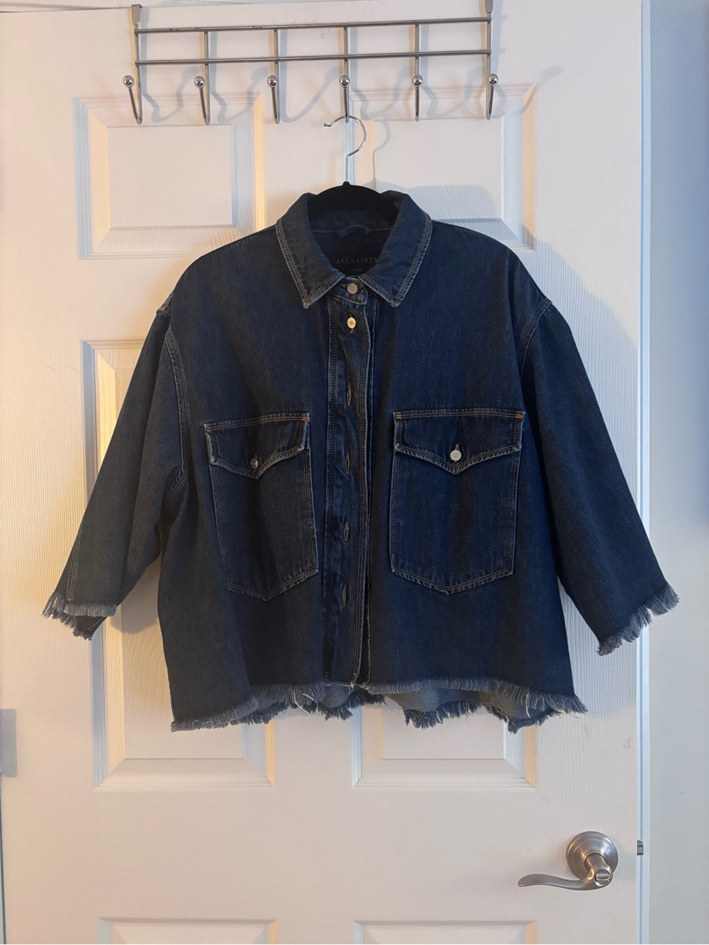 AllSaints Faye Dark Blue Denim Jacket/ shirt with Frayed Hem